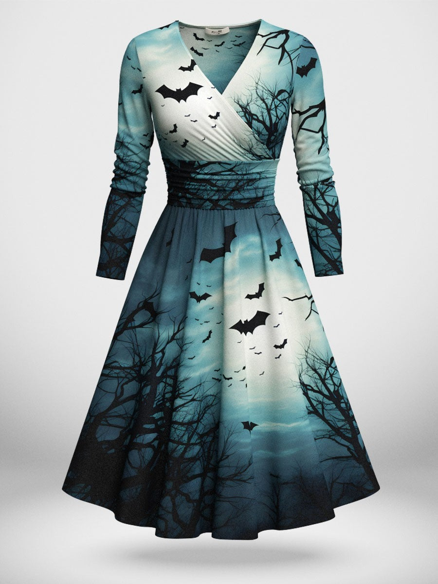 Retro Halloween Art Printed V-Neck Vintage Fashion Long Sleeve Midi Dress