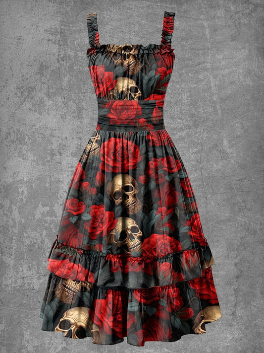 Women's Gothic Halloween Rose Skull Suspender Dress