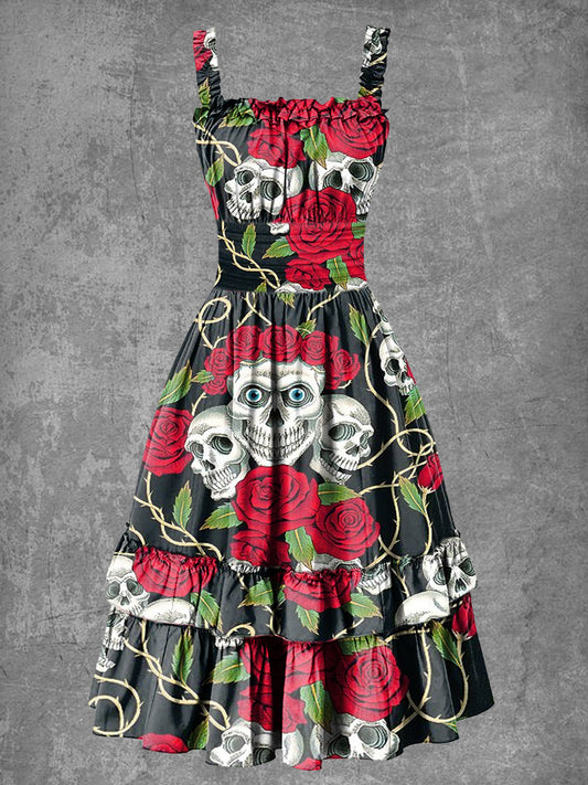 Women's Gothic Halloween Rose Skull Suspender Dress