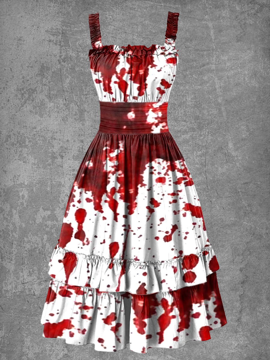 Women's Gothic Halloween Bloody Print Suspender Dress