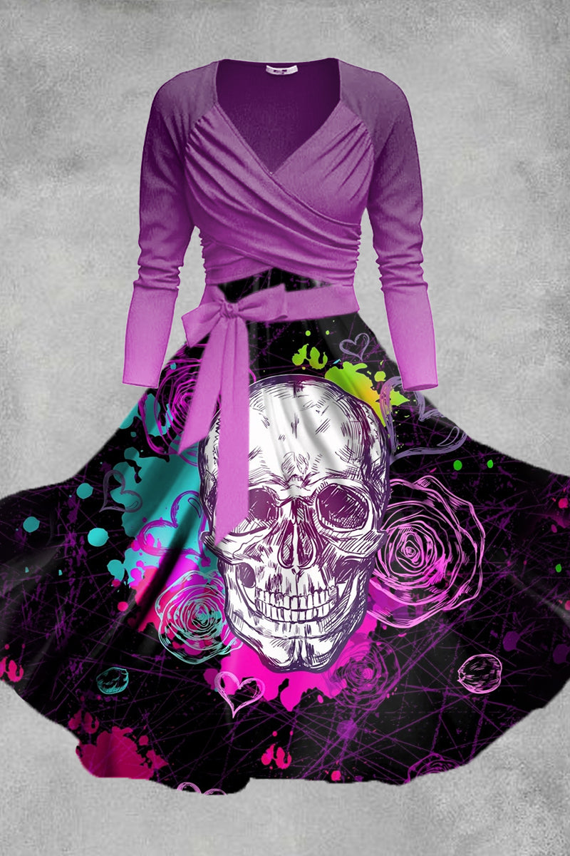 Women's Dark SKull Art Illustration Printed Long Sleeve Dress