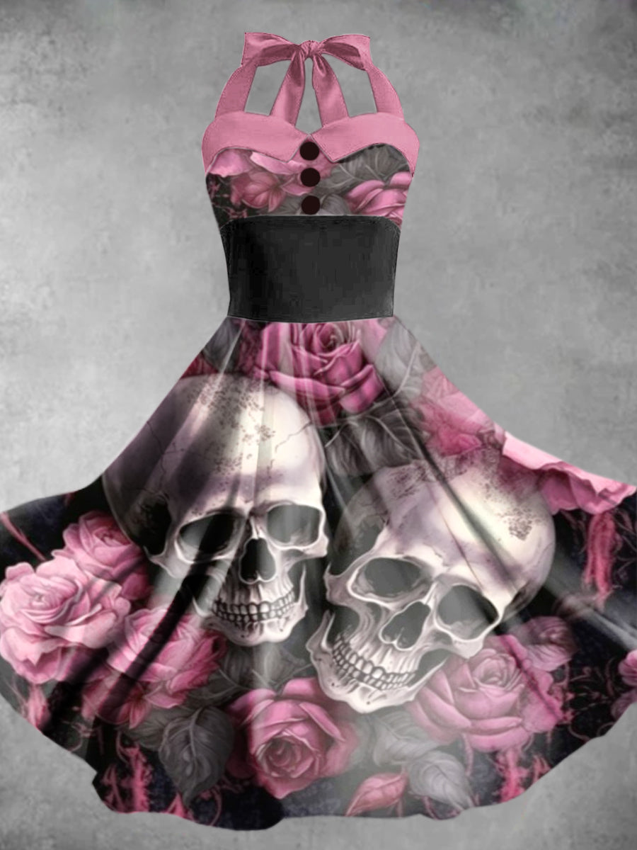 Women's Vintage Halloween Skull Print Elegant Dress