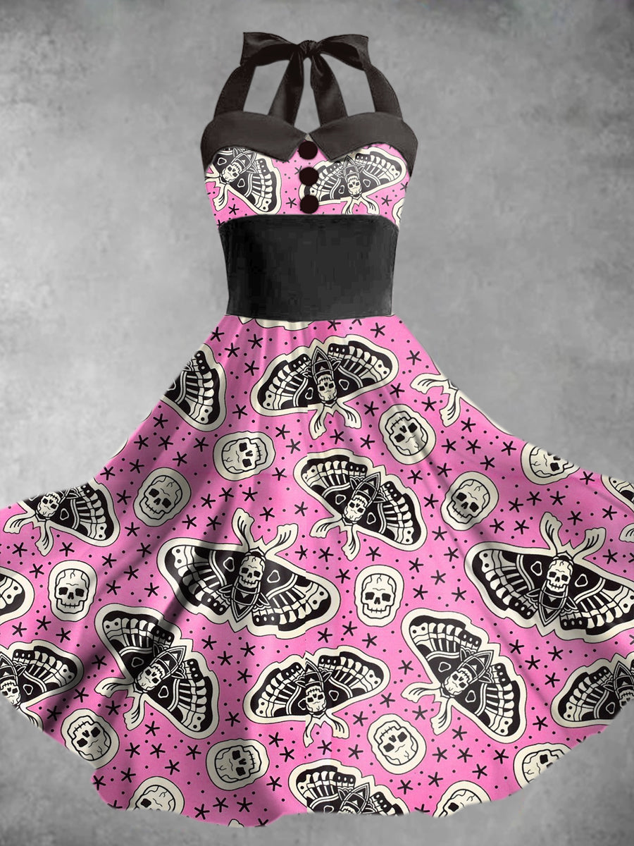 Women's Vintage Halloween Skull Print Elegant Dress