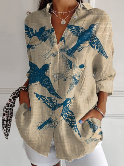 Women's Vintage Swallow Print Casual Long Sleeve Shirt