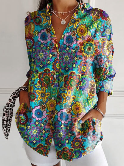 Women's Retro Mandala Print Casual Long Sleeve Shirt