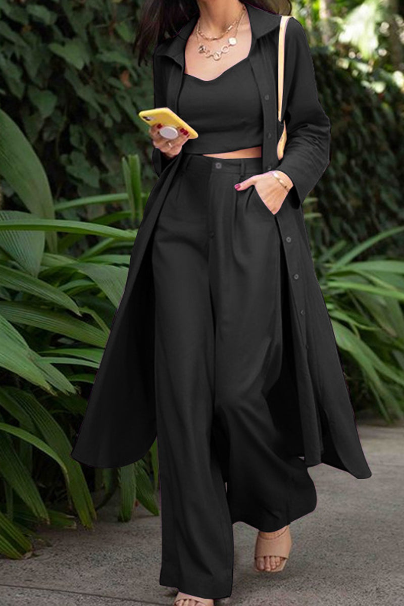 Women's Fashion Mid-Length Shirt Suspenders Straight Wide-Leg Pants Three-Piece Suit