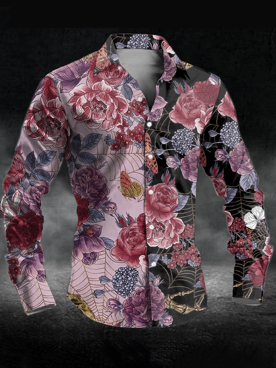 Men's Vintage Floral Skull Print Casual Long Sleeve Shirt