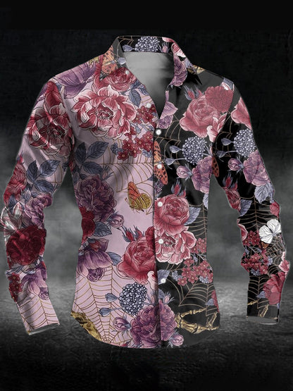 Men's Vintage Floral Skull Print Casual Long Sleeve Shirt