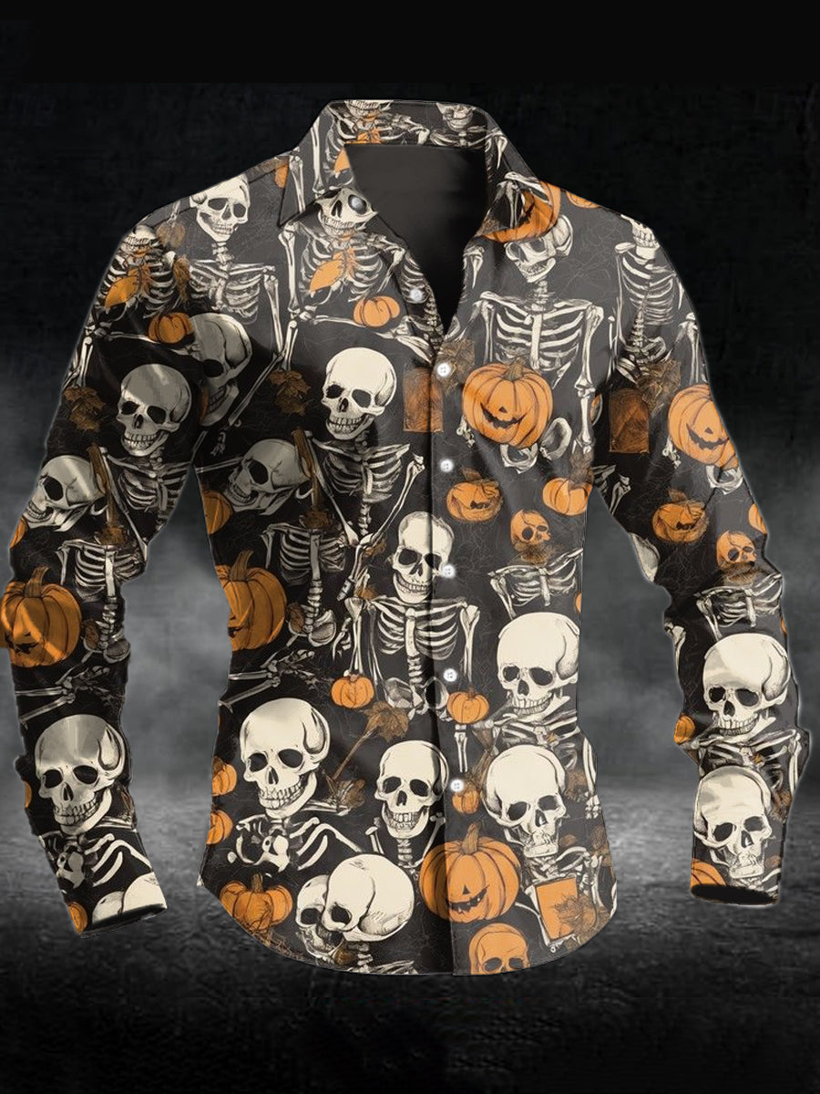 Men's Halloween Skull Print Casual Long Sleeve Shirt