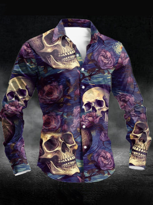 Men's Vintage Floral Skull Print Casual Long Sleeve Shirt