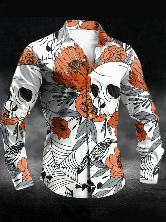 Men's Vintage Floral Skull Print Casual Long Sleeve Shirt