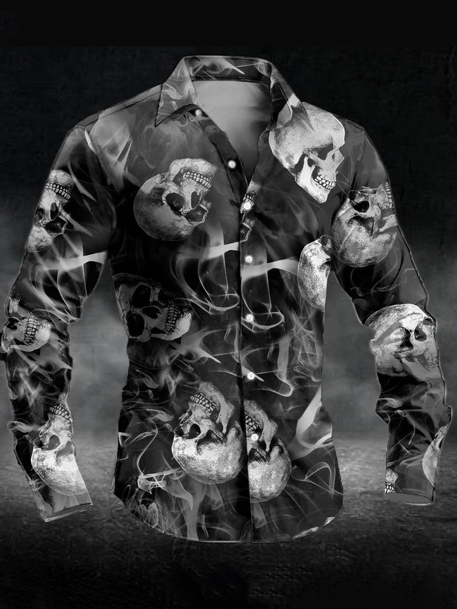 Men's Retro Skull Print Casual Long Sleeve Shirt