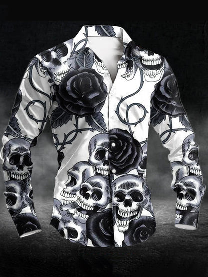 Men's Rose Skull Print Casual Long Sleeve Shirt