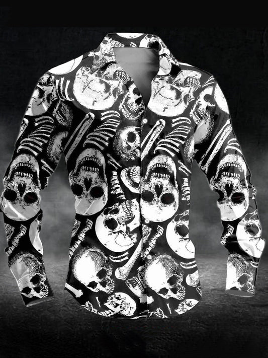 Men's Retro Skull Print Casual Long Sleeve Shirt