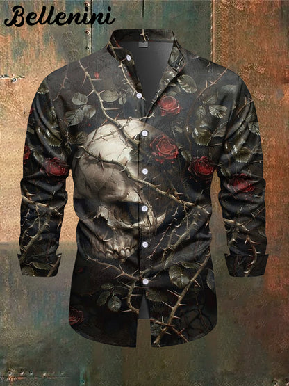 Men's Floral Skull Print Casual Stand Collar Long Sleeve Shirt