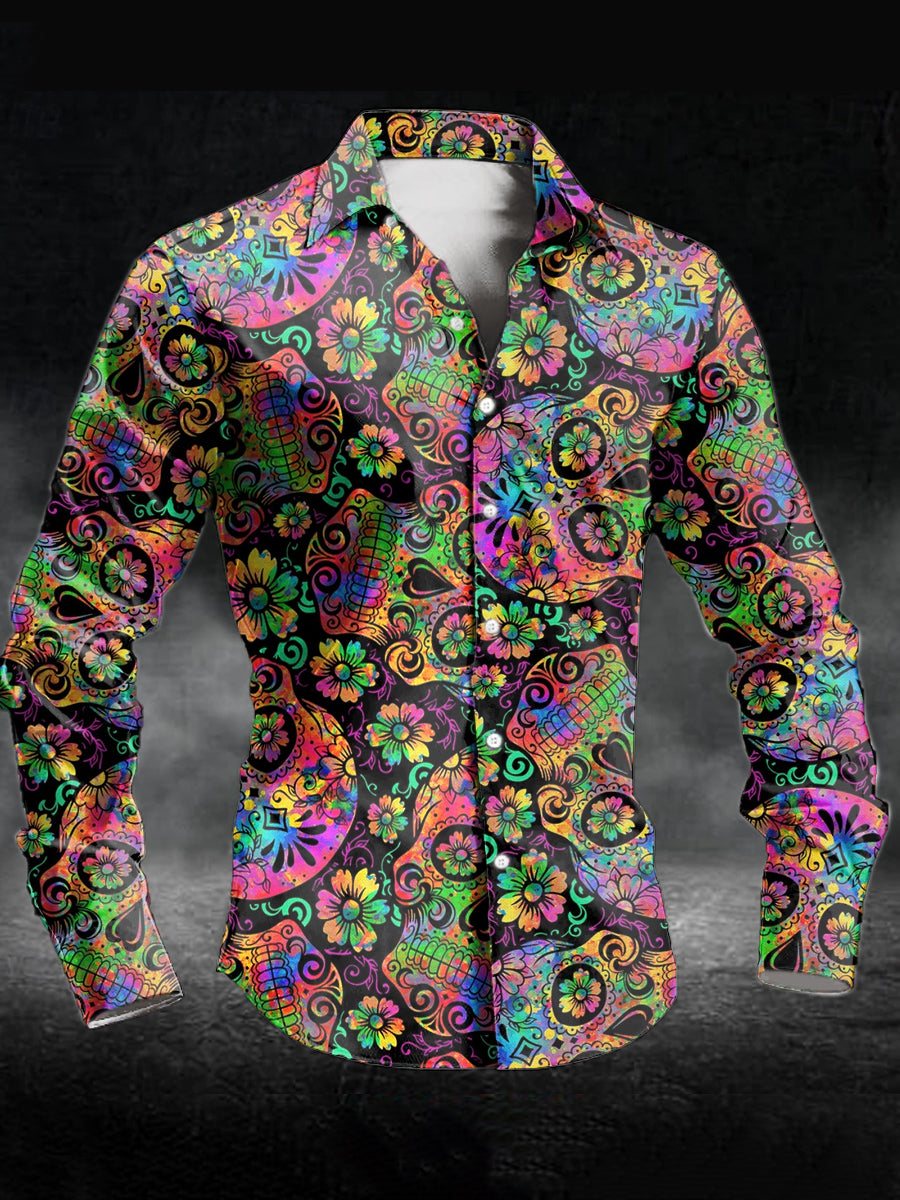 Men's Floral Skull Print Casual Long Sleeve Shirt