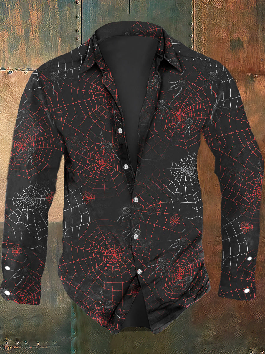 Men's Halloween Dark Spider Web Printed Casual Shirt