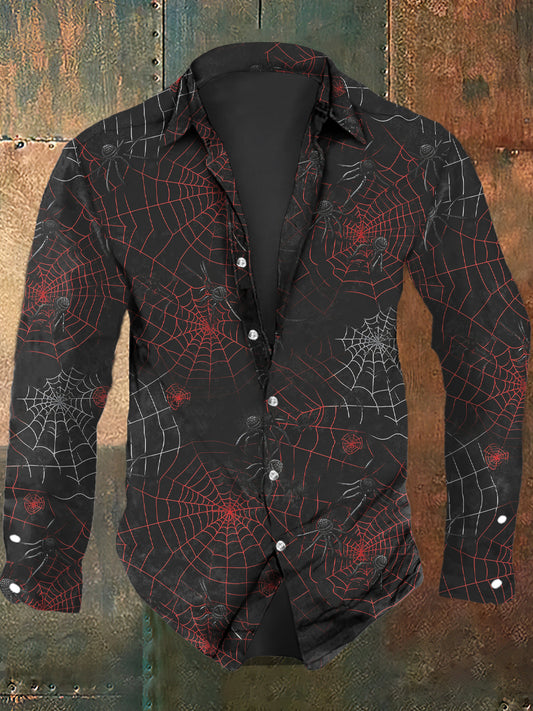 Men's Halloween Dark Spider Web Printed Casual Shirt