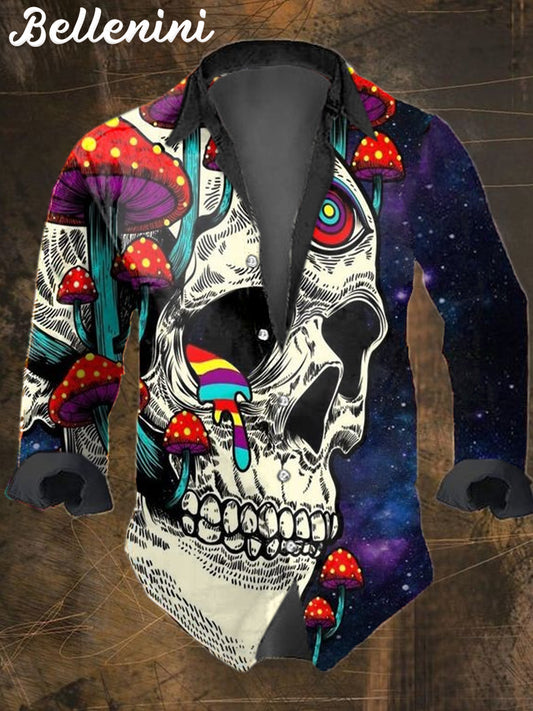 Men's Retro Mushroom Skull Art Painting Printed Casual Long Sleeve Shirt