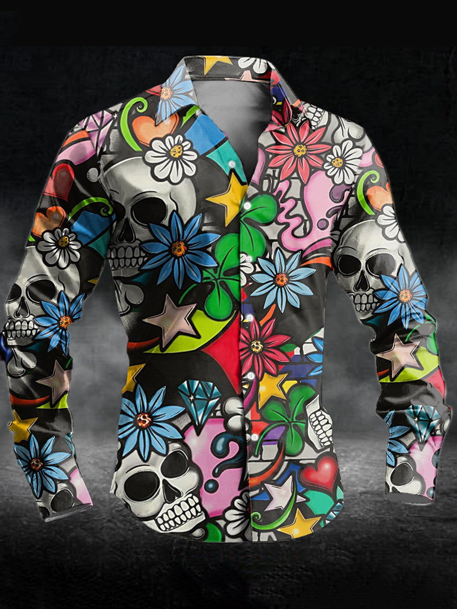 Men's Vintage Floral Skull Print Casual Long Sleeve Shirt