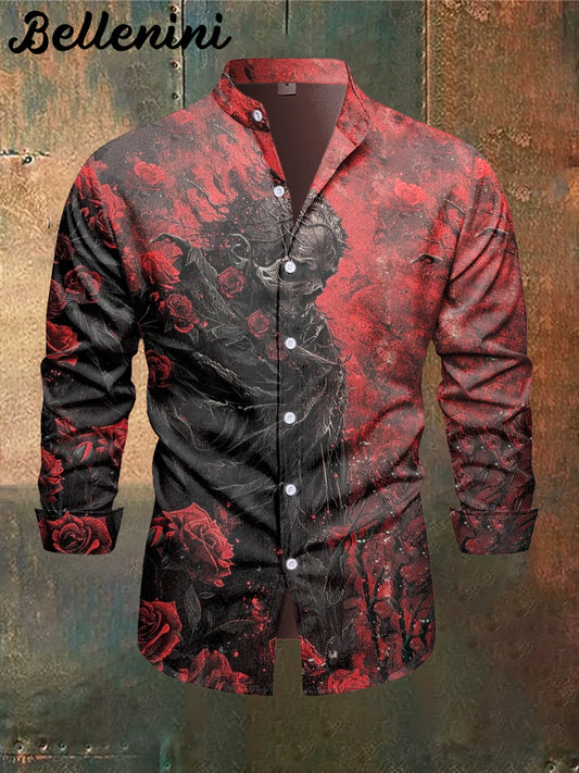 Men's Floral Skull Print Casual Stand Collar Long Sleeve Shirt