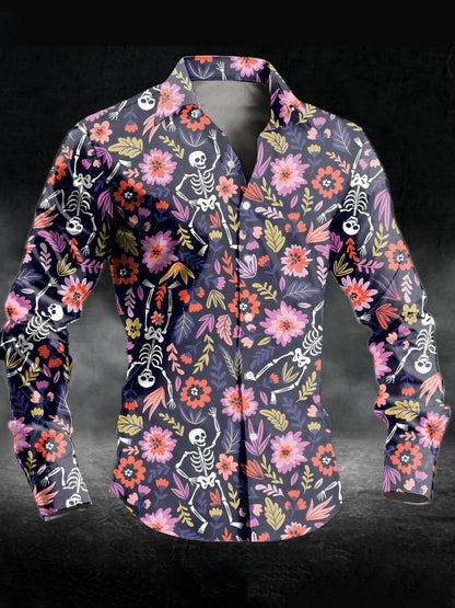 Men's Floral Skull Print Casual Long Sleeve Shirt