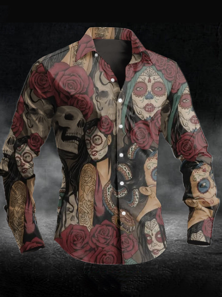 Men's Rose Skull Print Casual Long Sleeve Shirt