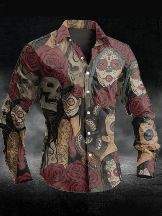 Men's Rose Skull Print Casual Long Sleeve Shirt