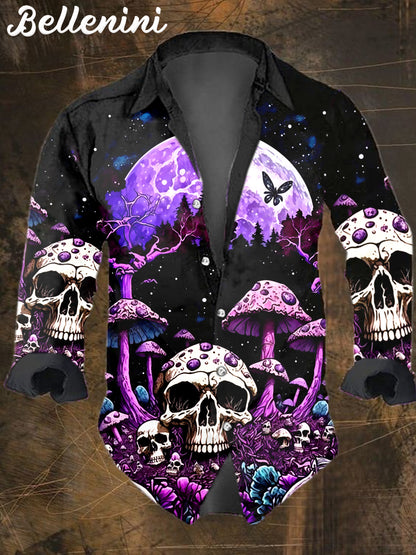 Men's Retro Mushroom Skull Art Painting Printed Casual Long Sleeve Shirt