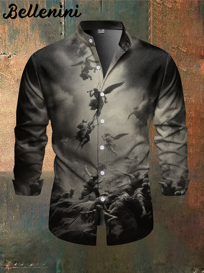 Men's Retro Angel Art Illustration Print Casual Stand Collar Long Sleeve Shirt