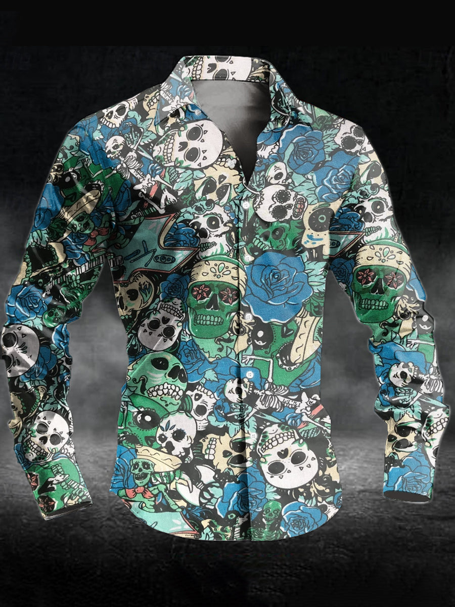 Men's Rose Skull Print Casual Long Sleeve Shirt