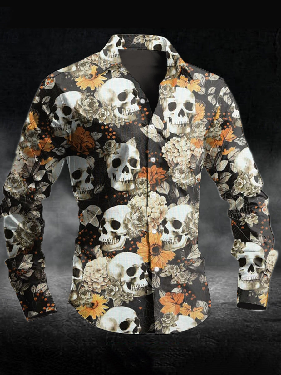 Men's Rose Skull Print Casual Long Sleeve Shirt