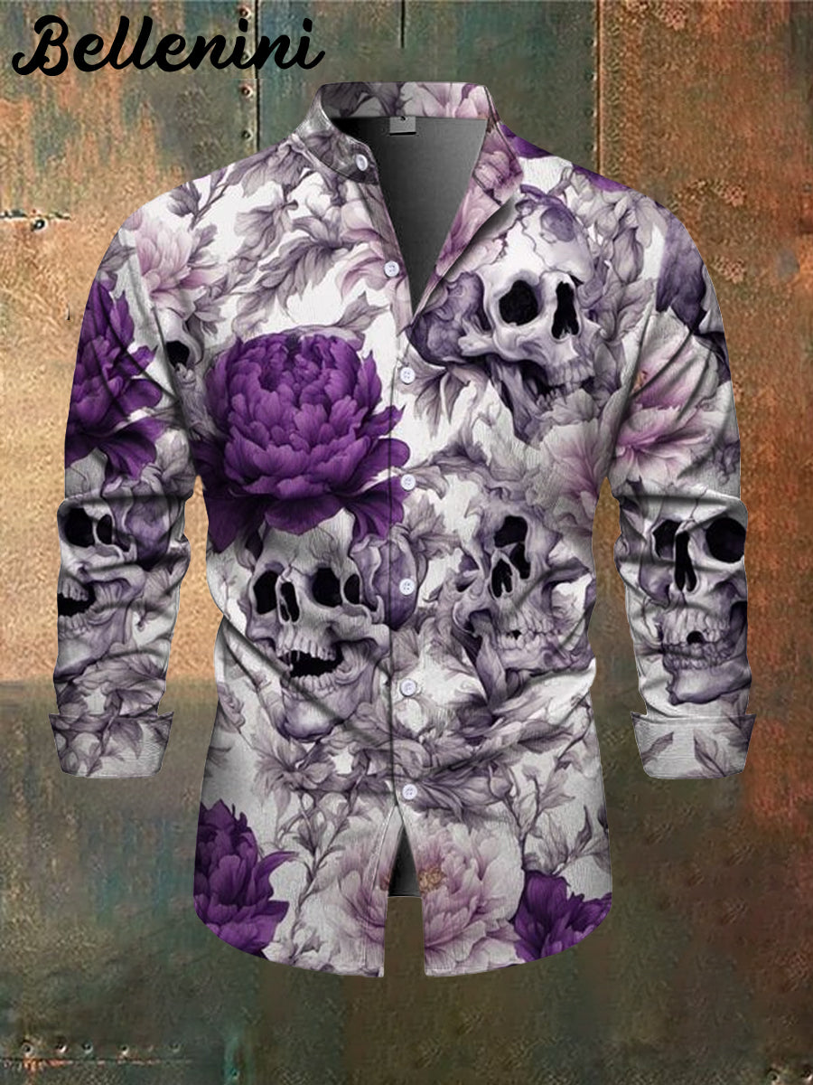 Men's Floral Skull Print Casual Stand Collar Long Sleeve Shirt