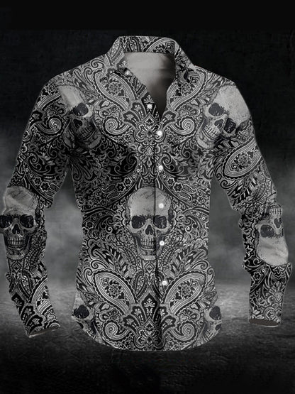 Men's Floral Skull Print Casual Long Sleeve Shirt