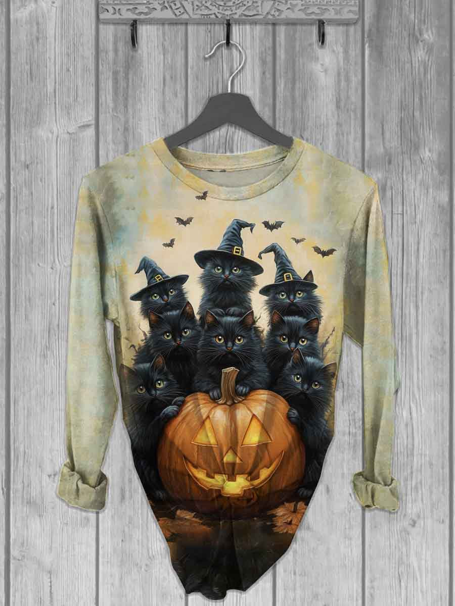 Unisex Halloween Cat Print Casual Long Sleeve T-Shirt