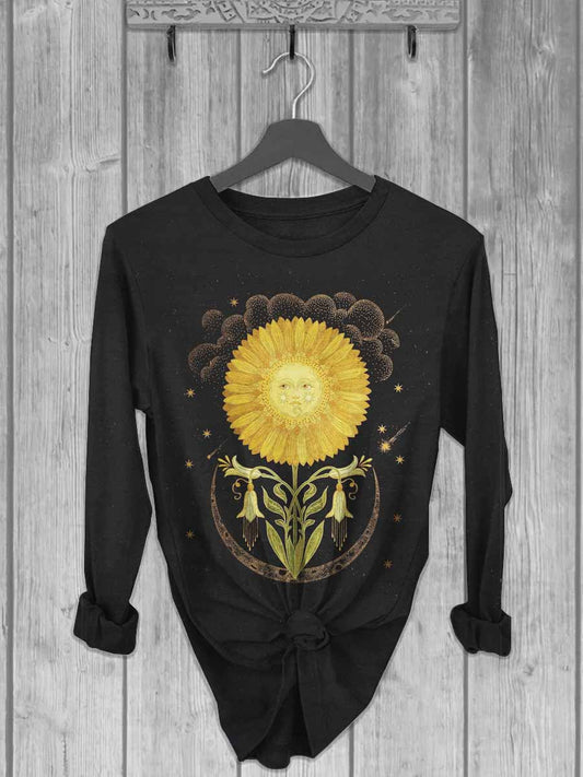 Unisex Abstract Sunflower Print Casual Long Sleeve T-Shirt