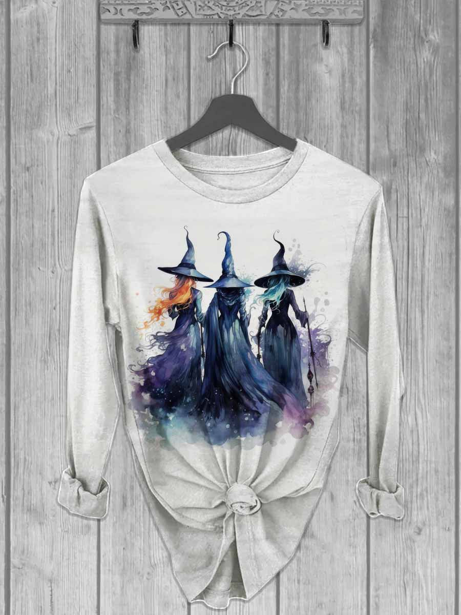 Unisex Halloween Witch Print Casual Long Sleeve T-Shirt