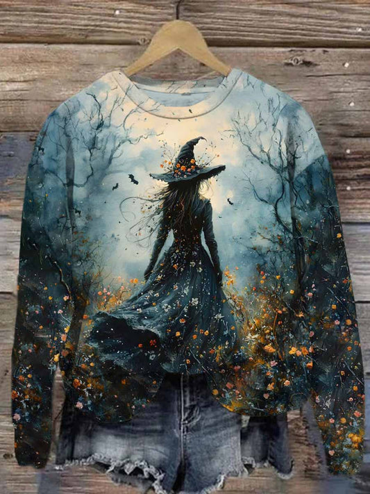 Unisex Halloween Witch Floral Print Casual Sweatshirt