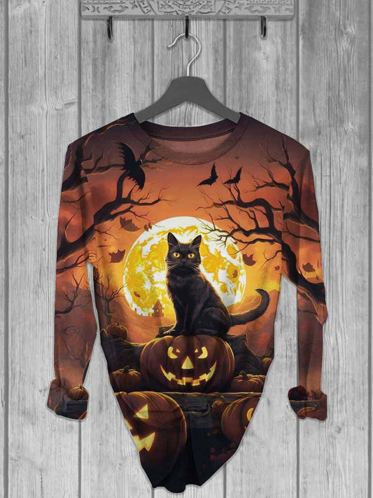 Unisex Halloween Cat Print Casual Long Sleeve T-Shirt