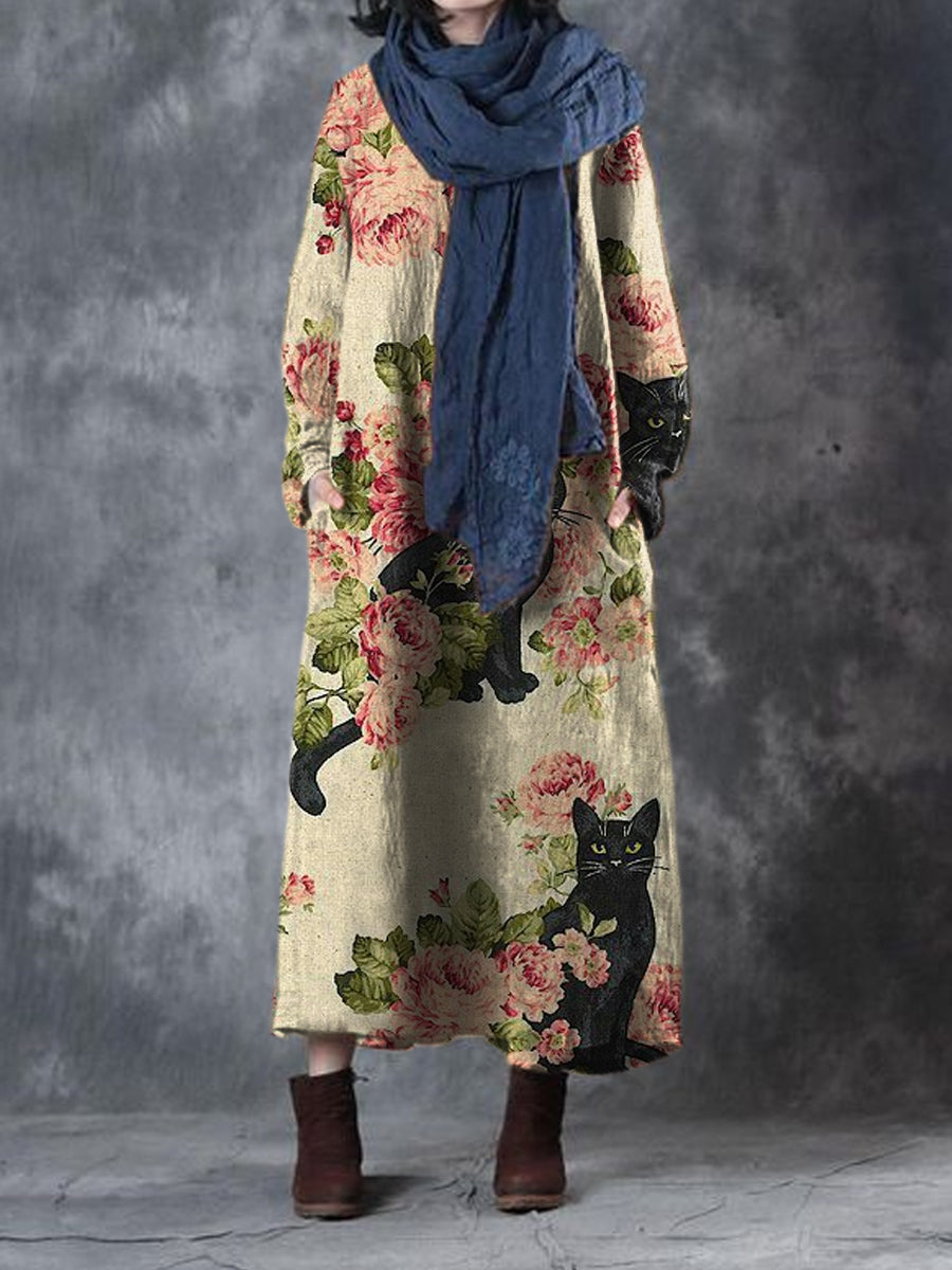 Women's Vintage Floral Cat Print Casual Crew Neck Dress