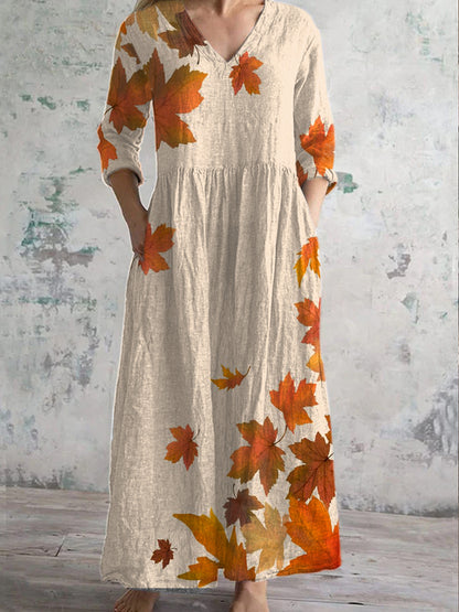 Women's Retro Autumn Maple Leaf Print Casual Long Sleeve Dress