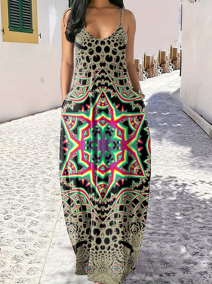 Women's Retro Mandala Print Sexy Suspender Maxi Dress