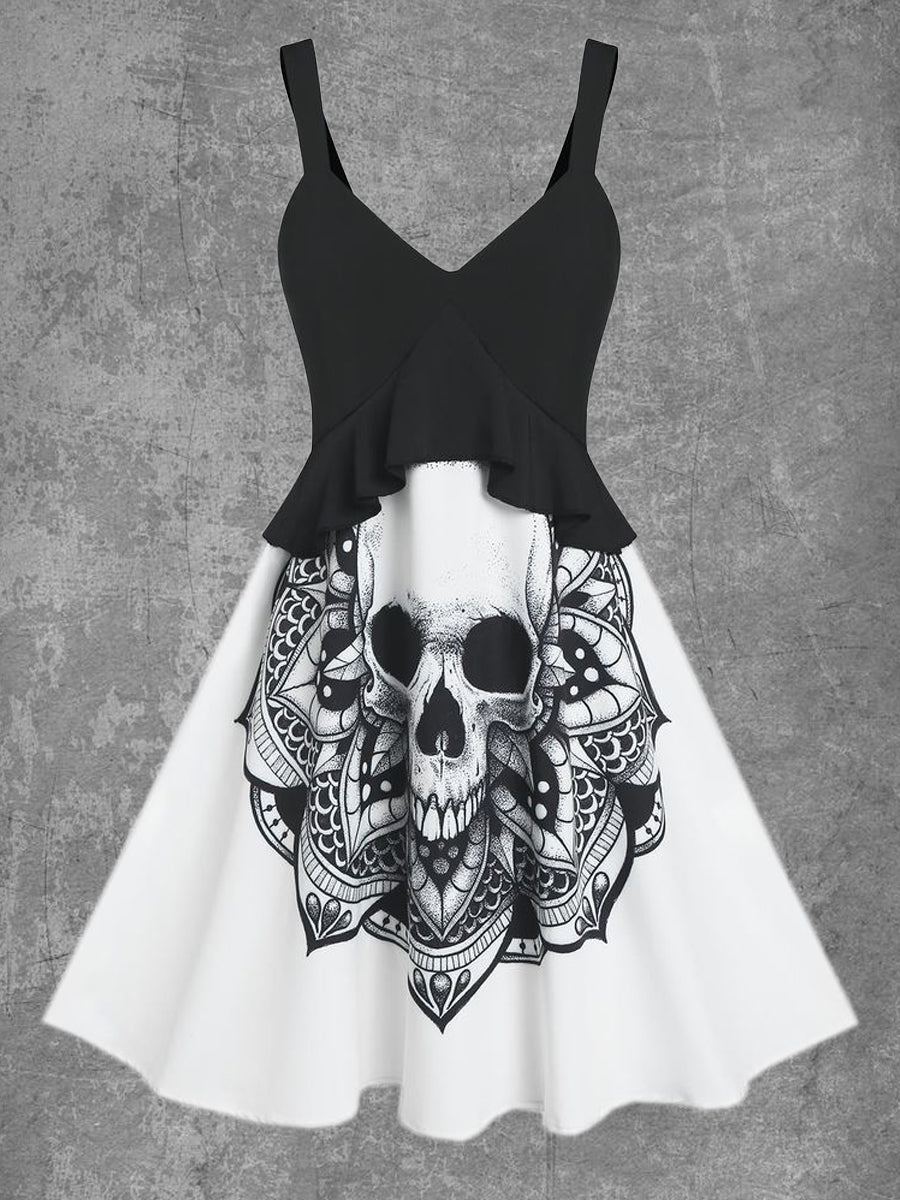 Women's Skull Print Sexy Suspender Mini Skirt