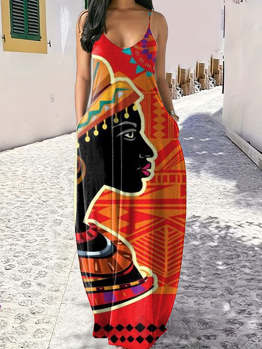 Women's African Art Illustration Print Sexy Maxi Dress