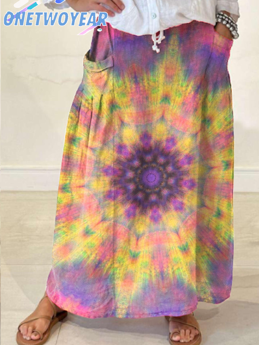 Women's Retro Hippie Psychedelic Pattern Print Casual Pocket Skirt