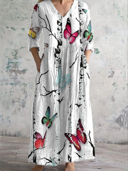 Women's Vintage Butterfly Print Casual Long Sleeve Dress