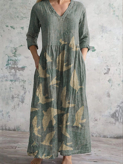 Women's Vintage Dove Print Casual Long Sleeve Dress