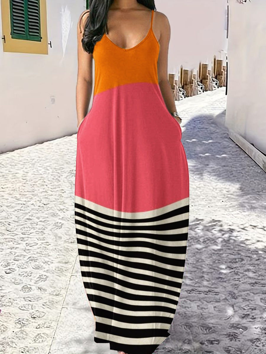 Women's Striped Geometric Print Sexy Suspender Maxi Dress