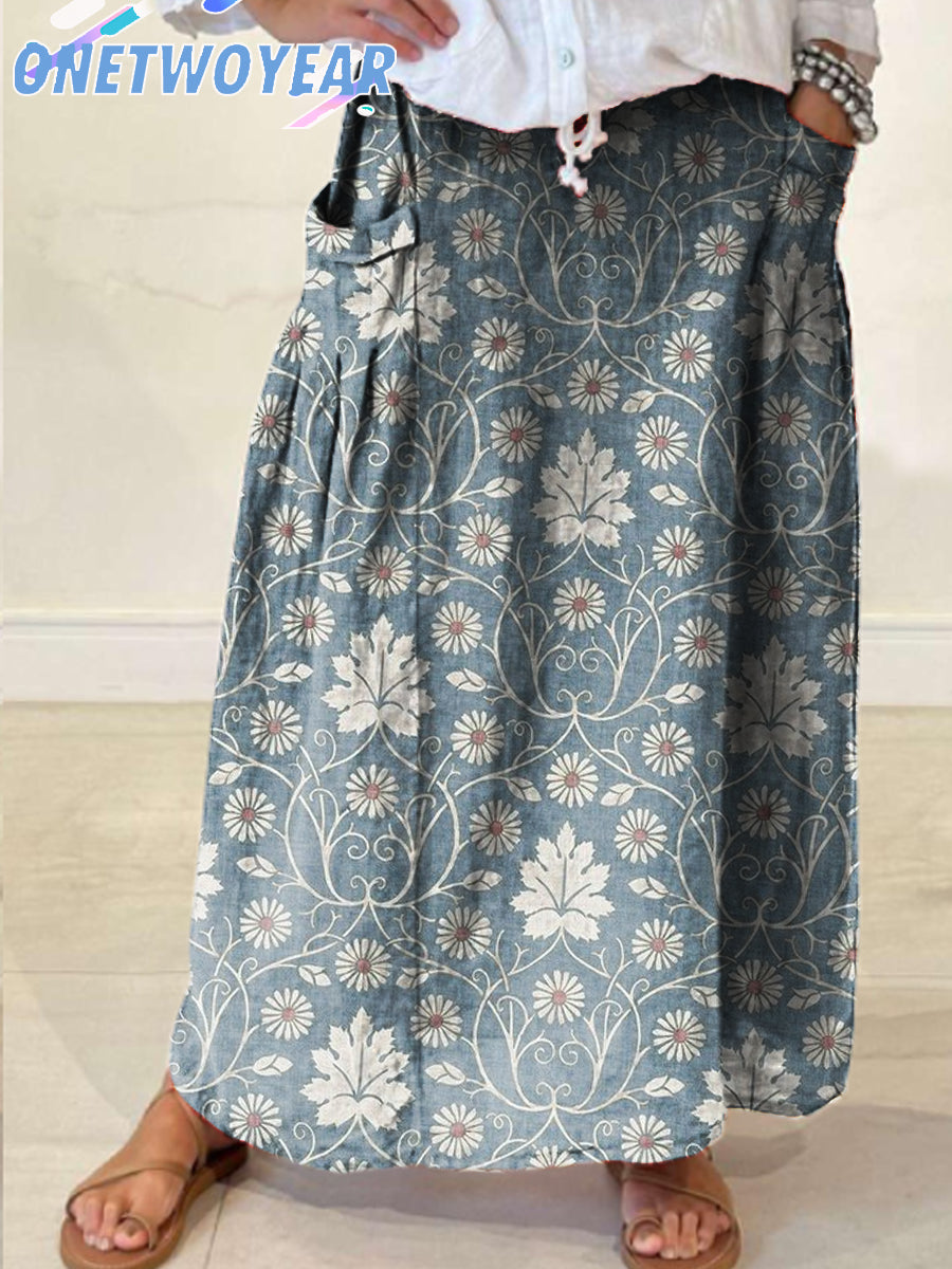 Women's Vintage Floral Pattern Print Casual Pocket Skirt