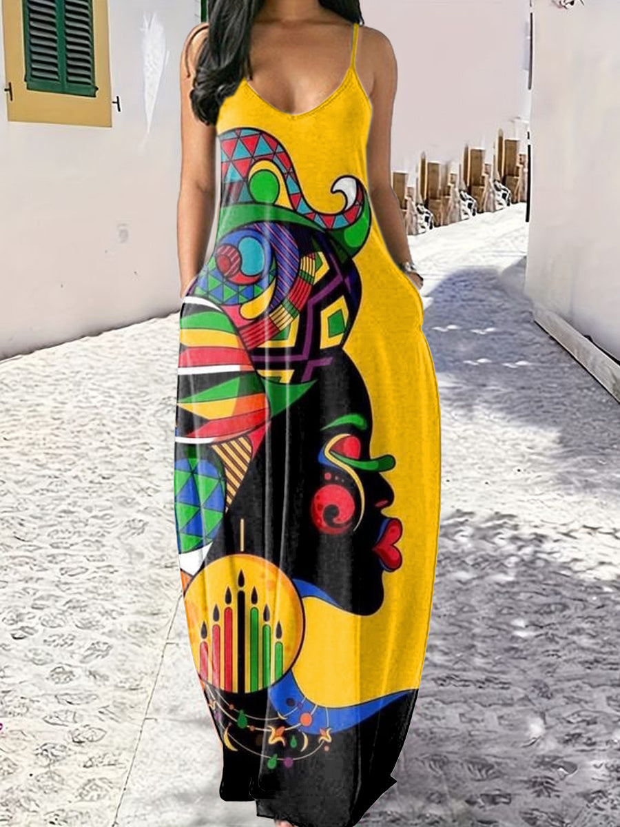 Women's African Art Illustration Print Sexy Maxi Dress